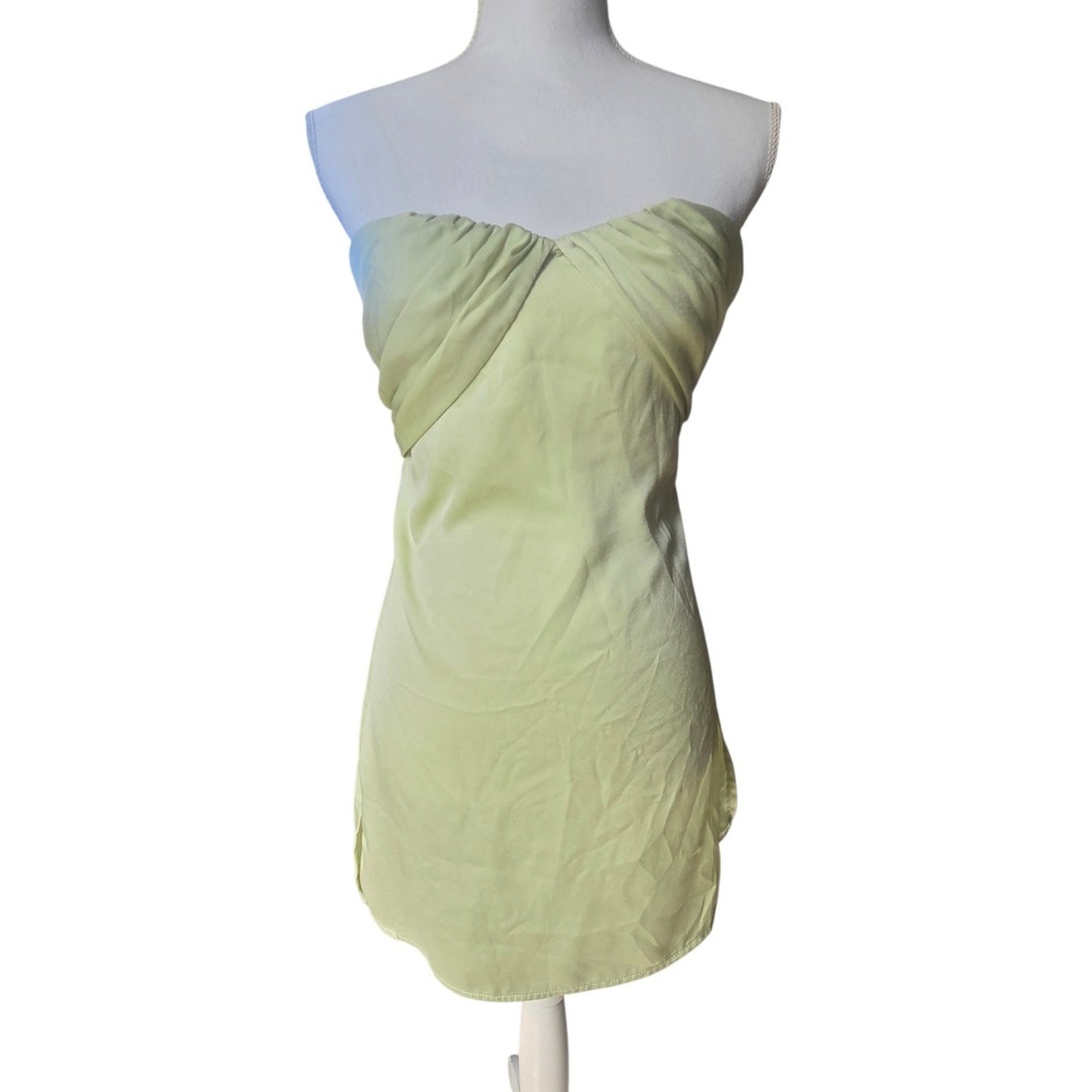 Princess Polly Irena Sage Green Strapless Mini Dress Draped Bust Satin Size US 4 - Picture 2 of 10